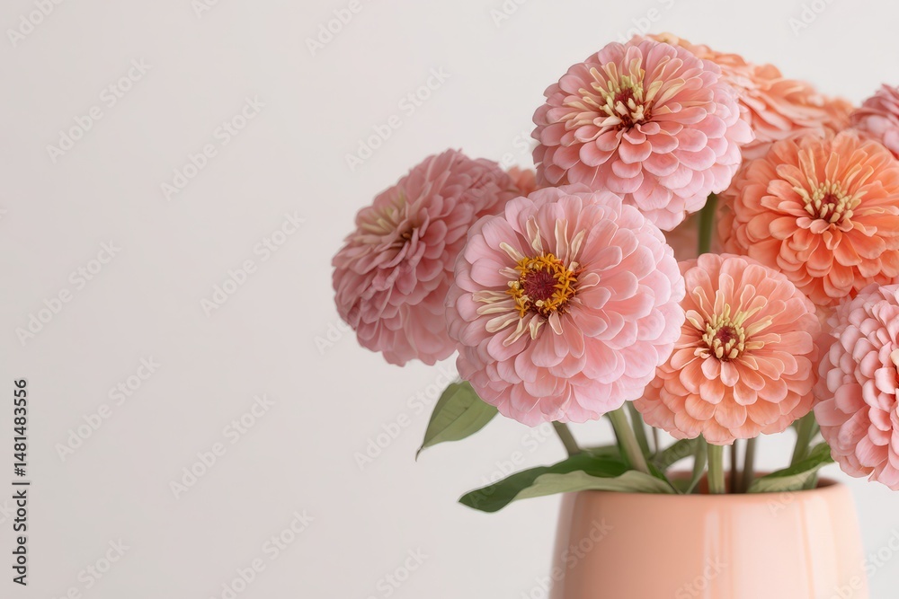 Obraz premium Soft pink and peach zinnia blossoms in a vase.