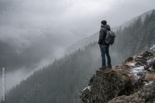 
A lone hiker stands on a rocky cliff edge, overlooking misty, forested mountains under a cloudy sky, embodying solitude, adventure, and connection with nature.