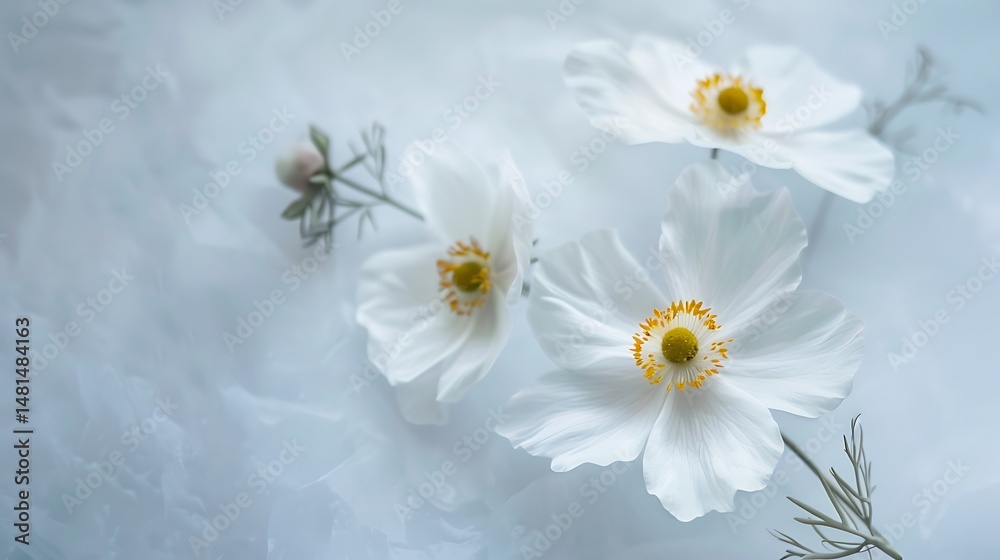 Obraz premium Three White Flowers with Yellow Centers on Textured Light Blue Background