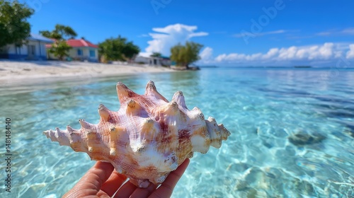 A hand holds a seashell above crystal-clear turquoise water on a sunny tropical beach, with coastal houses and trees in the background under a vivid blue sky.