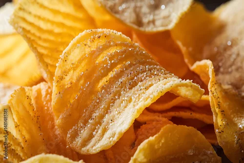 Fototapeta Close up image of crispy potato chips lightly sprinkled with salt for snack foods