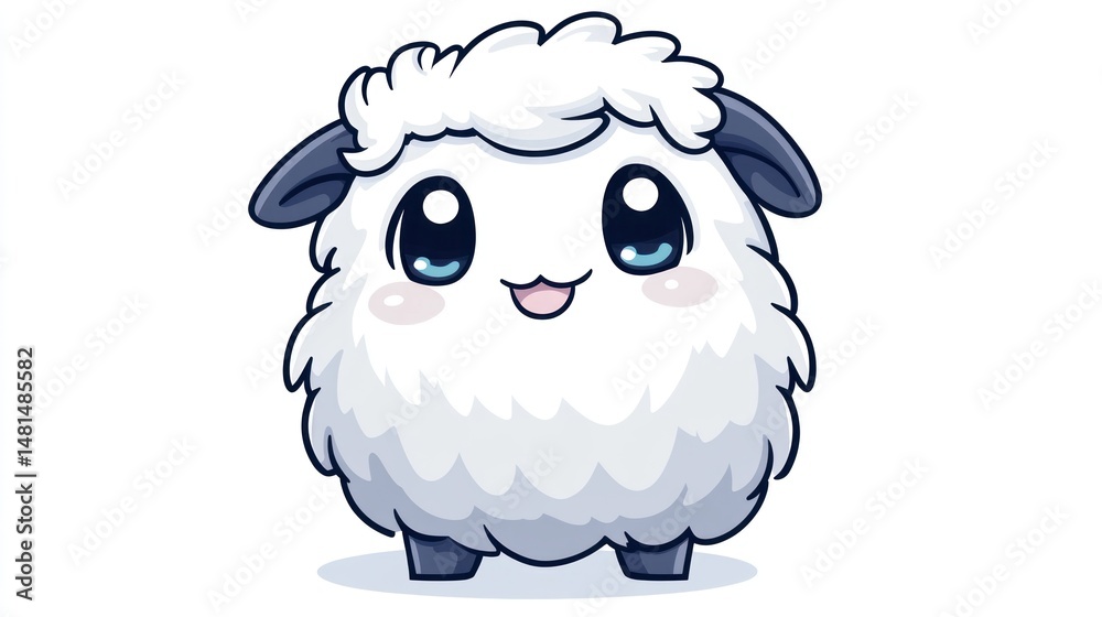 Obraz premium Cute cartoon sheep, smiling, front view, against white background. Possible use Children's book illustration