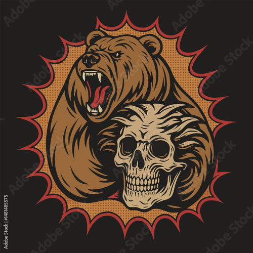 Aggressive Grizzly Bear Roaring with Skull Vector Graphic Illustration