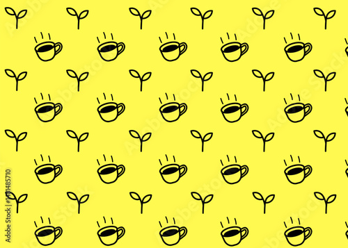 A Leaf and tea drink illustration pattern with yellow background, drink packaging, menu illustration hand drawn print ads, drink business, cafe