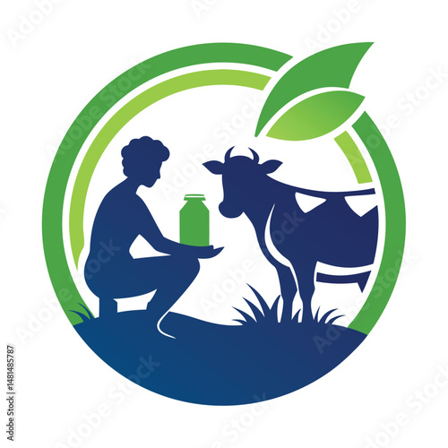 Organic dairy farm logo illustration featuring a cow, farmer, and milk bottle