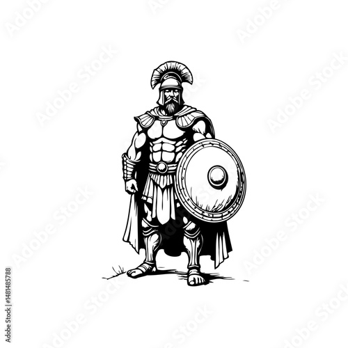 Illustrative depiction of a strong ancient warrior in detailed ink sketch style
