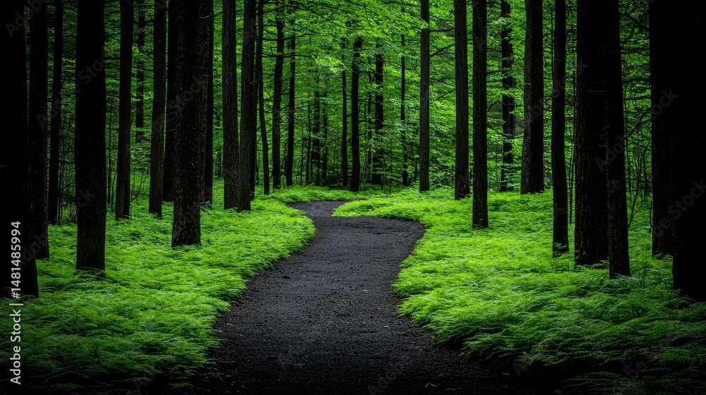 Obraz premium A winding path through a dense and vibrant green forest