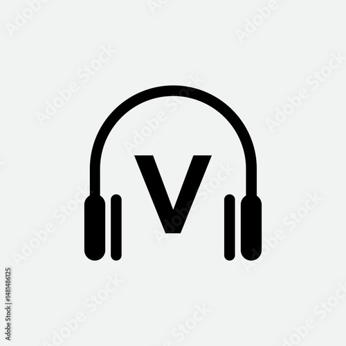 Headphone Template On V Letter.Music And Podcast Logo Design Headphone Concept	
