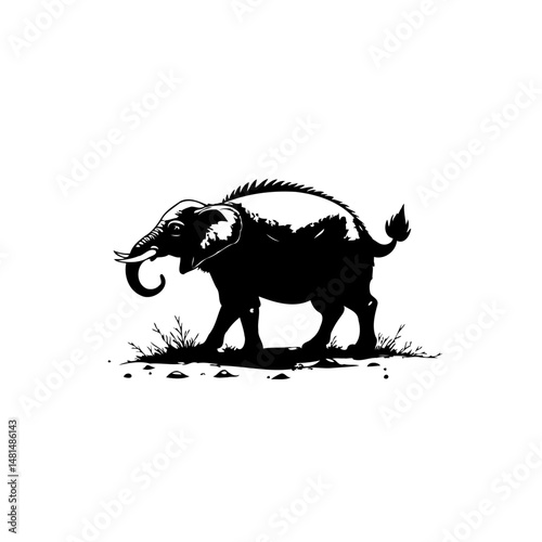 Monochrome elephant with distinctive dorsal spines standing amongst sparse flora