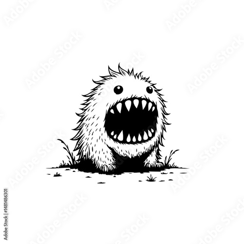 Monochrome Whimsical Monster Illustration with Spiky Hair and a Wide Grin