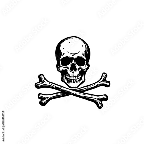 Monochrome depiction of skull and crossed bones evoking mortality and peril