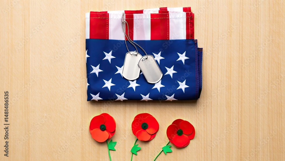 Obraz premium Remembrance day concept with american flag dog tags and red poppies on wooden texture
