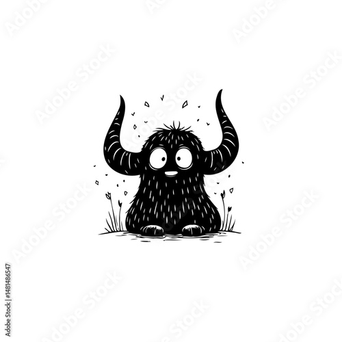 Whimsical creature with curled horns in a minimalist monochrome art style