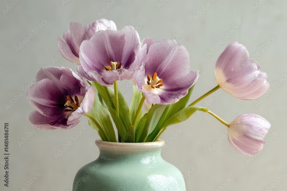 Obraz premium Delicate purple-toned tulips in a mint green vase.