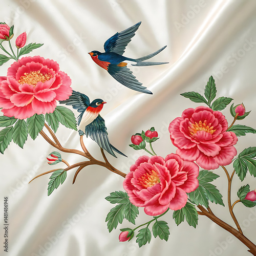 Elegant Chinese Silk Embroidery Artwork Swallows and Peonies