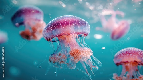 
Colorful jellyfish float gracefully in clear blue water, showcasing their translucent bodies and delicate tentacles in a peaceful underwater scene.