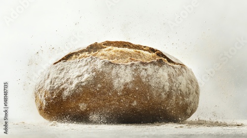 Artisan bread loaf with flour explosion.