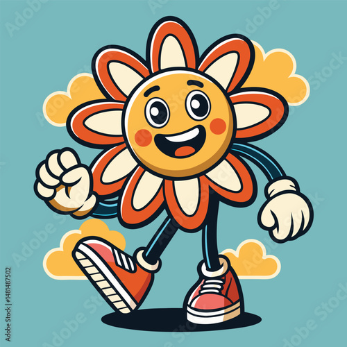 Cheerful walking sunflower cartoon character with retro style wearing orange sneakers