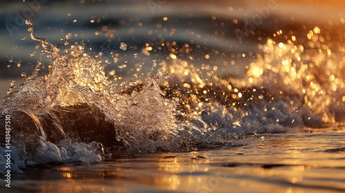 Ocean waves crash dramatically against the shore under a glowing sunset, with golden light reflecting off the water and clouds on the horizon.
