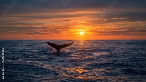 A whale's tail emerges from the ocean at sunset, silhouetted against a glowing orange sky with mountains in the background, creating a serene and majestic seascape.