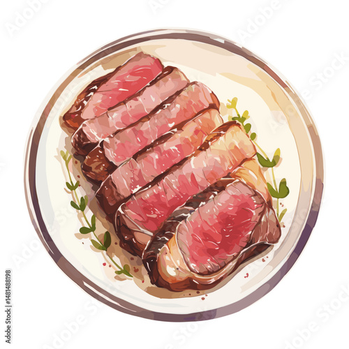 Porterhouse grilled steak on plate illustration watercolor food vector