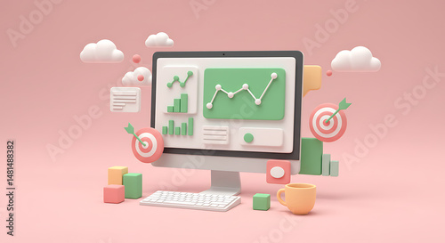 3D Render:  Pastel Business Analytics Dashboard with Floating Icons