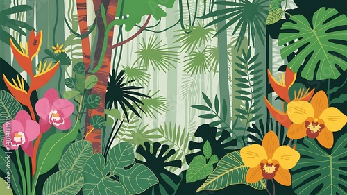 Lush Tropical Jungle Scene with Exotic Flowers and Green Foliage Illustration
