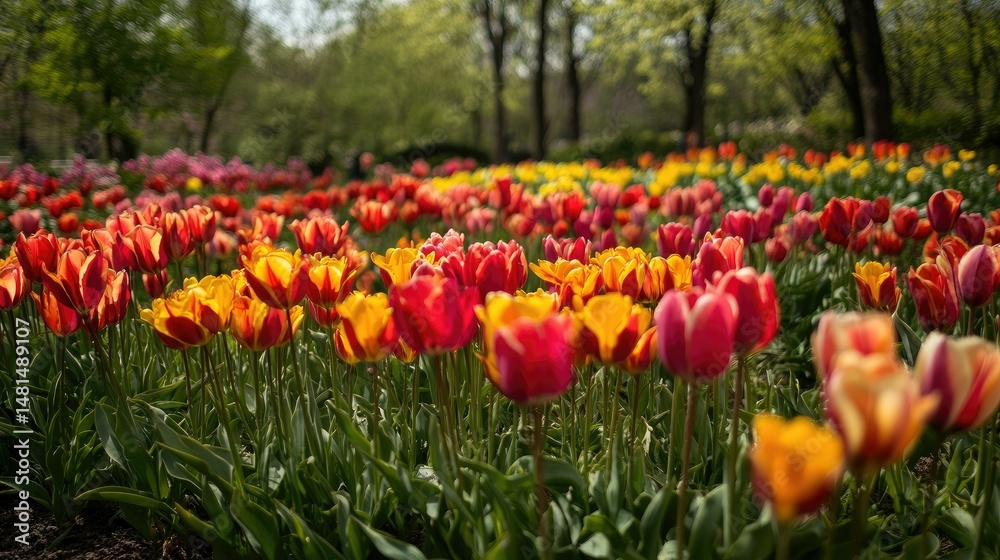 Obraz premium Colorful field of tulips in full bloom during springtime weather