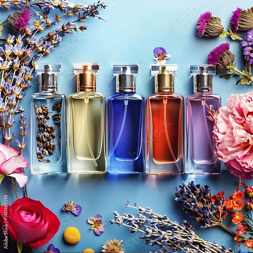 Elegant perfume collection showcased with decorative floral arrangements on blue
