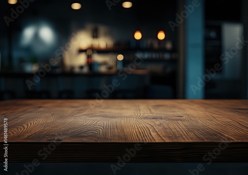Wooden tabletop in a dimly lit cafe photo