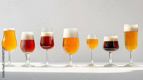 Various types of beer in stemmed glasses arranged against a white background.