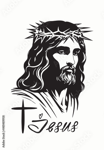 Jesus Christ portrait silhouette.Crown of thorns.Son of God black face stencil,cricut plotter laser cutting cnc.Yeshua head vector drawing illustration.Lord of Glory.Christian Biblical cross.