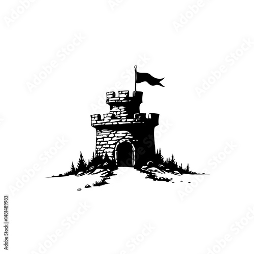 Monochrome fortress emblem, ancient stone citadel, perched atop verdant hill
