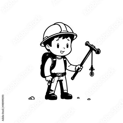 Cartoon adventurer ready for exploration with backpack and survey equipment