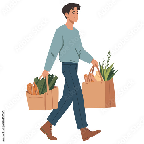 Man walking vegetables bags illustration vector