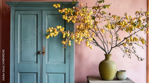 Dusty Pink Plaster Wall with Teal Cabinet and Yellow Flowers in Vase