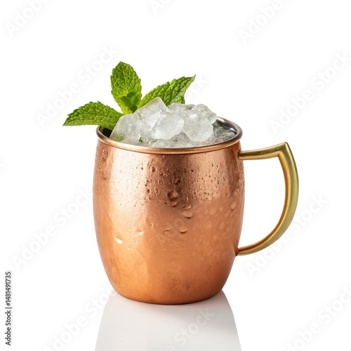 Copper moscow mule mug filled with a refreshing cocktail and garnished with a mint sprig for a classic experience
