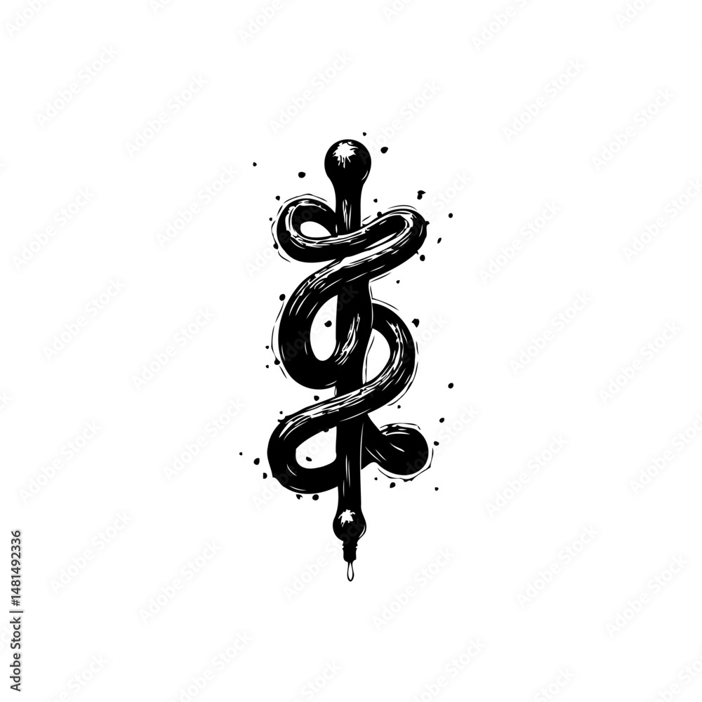 Obraz premium Monochromatic serpent entwined on staff, evoking symbolism with artistic flair