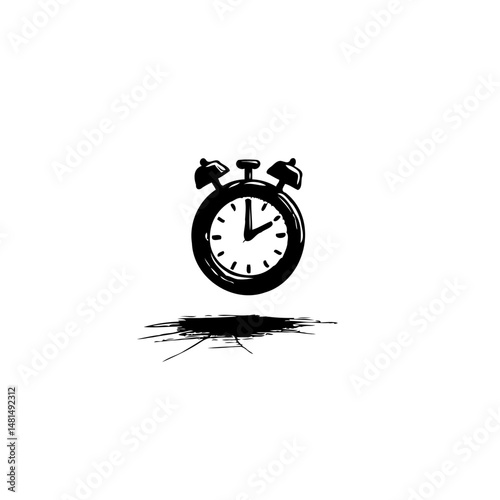 Stylized alarm clock illustration with ink blot providing graphic impact