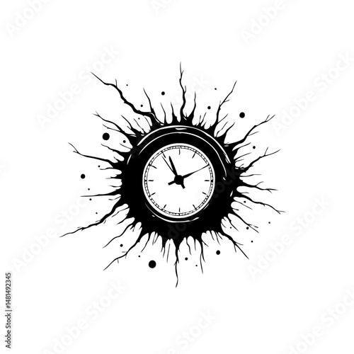 Monochromatic time explosion, a fractured clock surrounded by shattered reality