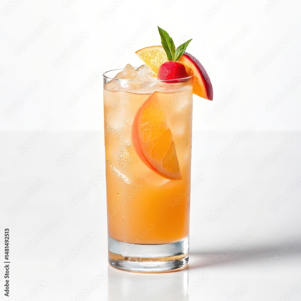 Fototapeta premium Unique peach ginger cocktail featuring a slice of orange in an artistic side view high contrast presentation style