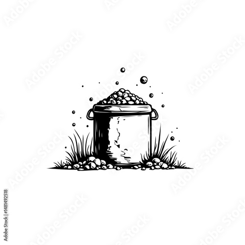Monochrome depiction of a container brimming with rounded objects on a natural backdrop