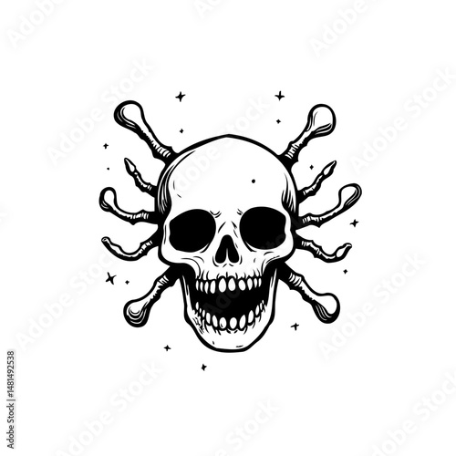Monochromatic depiction of a skull adorned with abstract limb-like forms