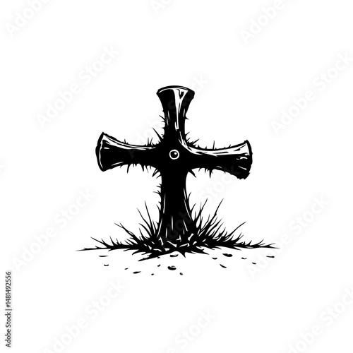 Symbolic representation of a stylized cross with vegetative ground in minimalist black and white