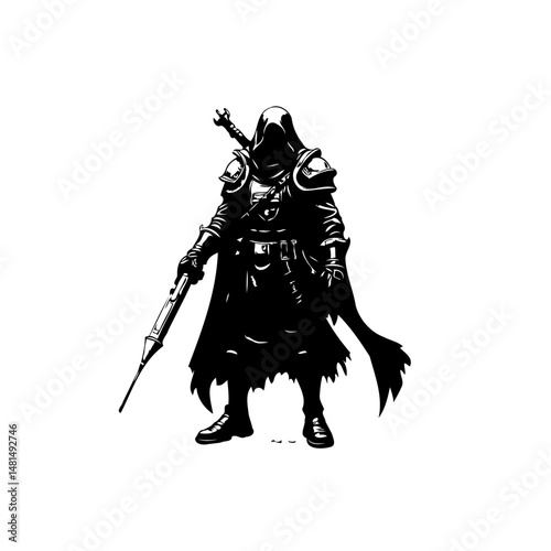 Mysterious cloaked warrior wielding sharp weapon in monochromatic graphic illustration