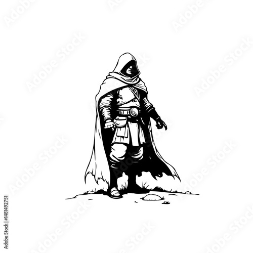 Mysterious hooded figure standing cloaked in monochromatic illustration on ground