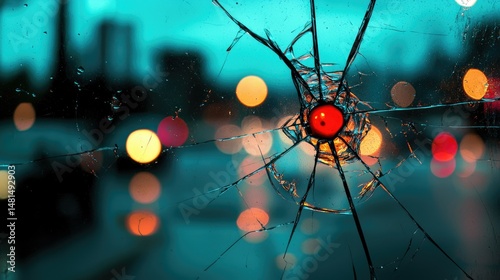 A cracked glass pane with city lights reflecting through the damage