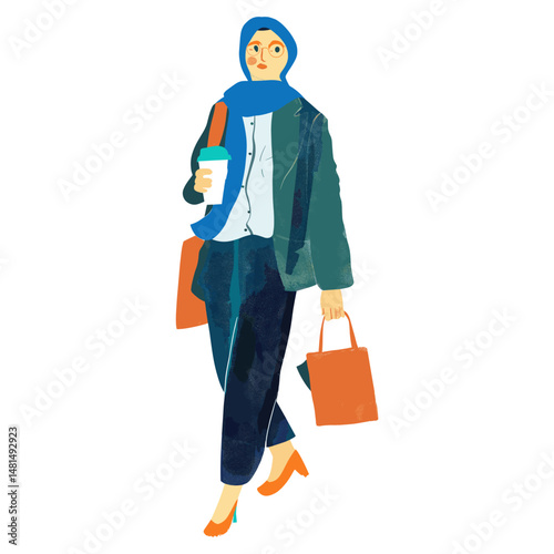 Businessman woman in hijab with takeaway coffee illustration style professional vector