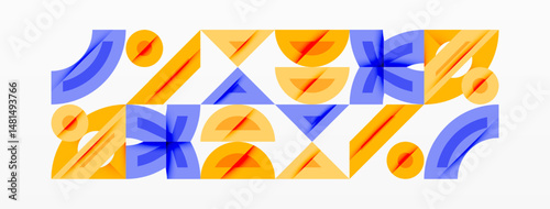 Abstract geometric shapes repeat, utilizing blue, orange hues. Pattern creates dynamic visual texture. Minimalist design, clean lines present.