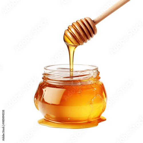 Delicious honey dripping from wooden dipper into glass jar, showcasing rich golden color and smooth texture, isolated on transparent background